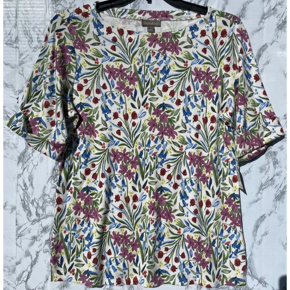 Style & Co Essential Elbow Sleeve Tee Dainty Shitake Floral Print US 1X